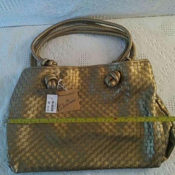 NEW Gold Woven Faux-Leather Handbag/Tote, Leopard Print Interior - Picture 3 of 6